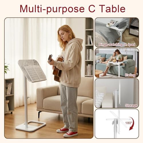 GOYLSER Adjustable Height Sofa C Table, 360° Swivel/180° Flip-Over Panel Side Table with Tablet Slots for Small Spaces, Morden TV Tray Couch Tables for Dinner Eating (White Marble) - Image 6