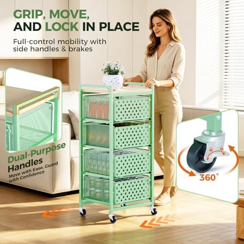5 Tier Kitchen Storage Cart with Wheels, Utility Fruit Vegetable Storage Rack Stand with Pull-Out Baskets & Wood Top, Metal 4-Drawers Rolling Snack Cart, Kitchen Cart for Potato Onion(Green) - Image 6