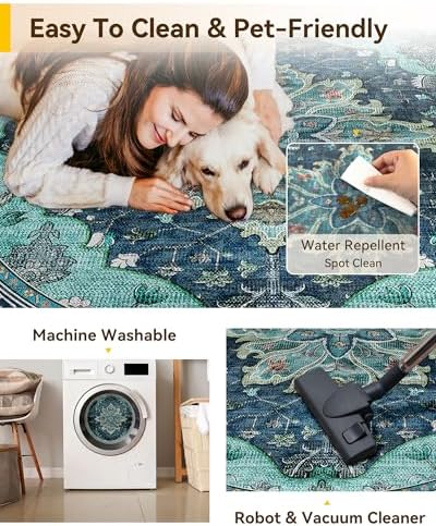 RELEANY Washable Area Rug, Round 8ft, Teal - Image 5