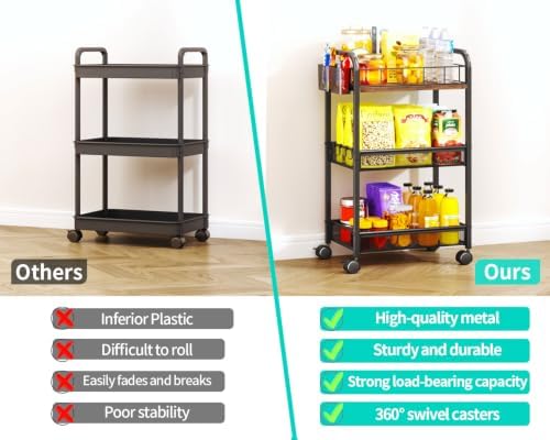 HapiRm 3 Tier Metal Rolling Cart- Utility Storage Cart with Locking Wheels - Image 5