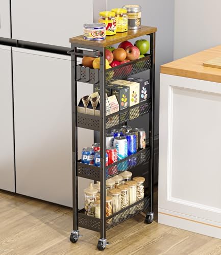 Giwil Slim Storage Cart 5 Tier Narrow Kitchen Rolling Cart on Wheels for Small Space, Metal Utility Cart Narrow Bathroom Storage Cabinet Mobile Shelf Unit Organizer with Wood Top and Handle, Black by Giwil