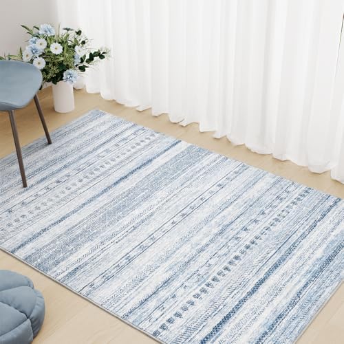3x5 Area Rug Machine Washable Non Slip Rug Distressed Neutral Moroccan Boho Rug Ultra Soft Indoor Rugs for Bedroom Living Room Entryway Kitchen Foyer Bedside, Blue - Image 3