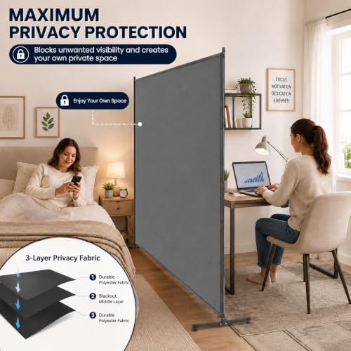 Room Divider, 72x72Inch Large Single Panel Privacy Screen with Thickened Fabric,Freestanding Partition Wall for Room Separation,Portable for Indoor Office,Bedroom,Studio Apartment,Gray - Image 2