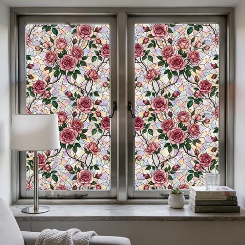 Window Privacy Film Stained Glass, 6 Pcs Pink Rose Static Cling Window Privacy Films Decals with Installation Tools, Rainbow Film Stickers for Home Kitchen Bathroom Glass Door 17.7 x 78.7 inches by Afritee