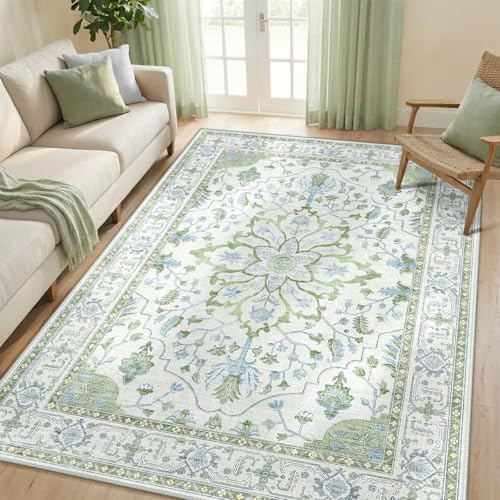 RELEANY Washable Area Rug, 5'x8', Green/White/Blue by RELEANY