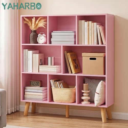YAHARBO 8 Cube Bookshelf,3 Tier Bookcase with Legs,Light Pink Mid-Century Modern Bookshelves,Large Free Standing Open Storage Organizer Shelf,Tall Wooden Book Case Furniture for Bedroom,Living Room - Image 3