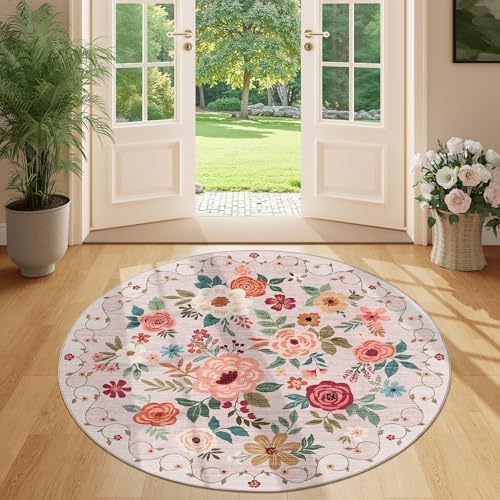 DUKINO 4ft Round Rug, Floral Washable Small Round Area Rug Non Slip, Beige - Image 3