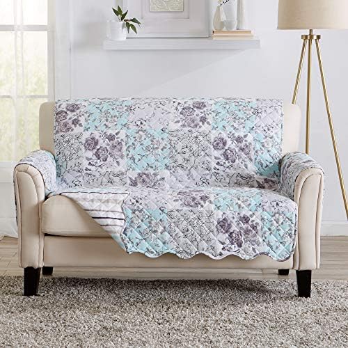Great Bay Home Reversible Floral Patchwork Loveseat Furniture Protector - Machine Washable, Scalloped Edge, Stain Resistant, Printed Furniture Cover for Dogs, Kids, and Pets (Gray/Aqua) by GreatBayHome