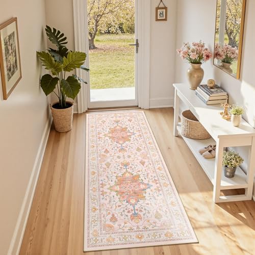 RELEANY Washable Area Rug, Runner 2'x5', Pink/Light Pink/Colorful by RELEANY