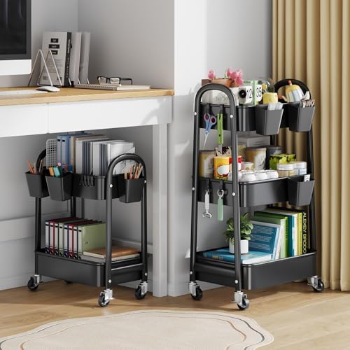 2 Tier Rolling Cart Metal on Wheels,Two Tiered Short Side Table with Wheels - Image 3