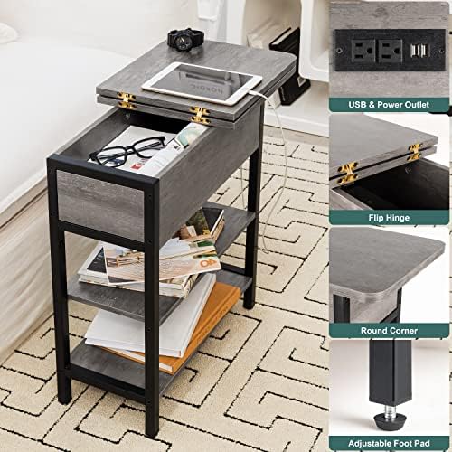 Yoobure End Table with Charging Station, Flip Top Side Table with USB Ports and Outlets, Sofa Couch Table Bedside Table for Living Room Bedroom, Narrow Nightstand with Shelves for Small Space Gray - Image 4
