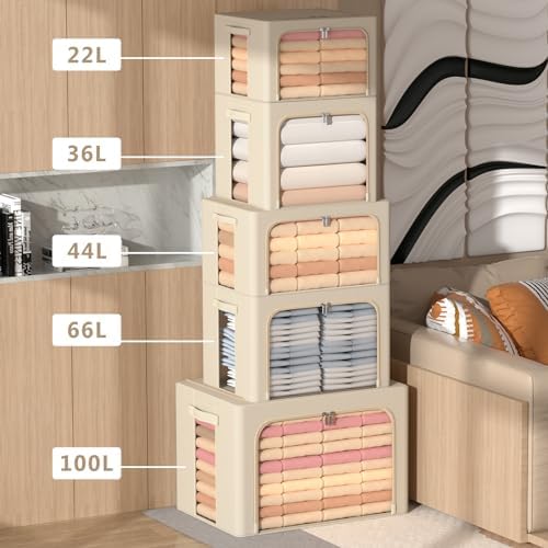 CYhom 3Pack Frame Storage Box - Clothes Storage Bin Bags Oxford Fabric Foldable Stackable Container Organizer Set with Clear Window & Carry Handles (Beige, Medium-44L) - Image 6
