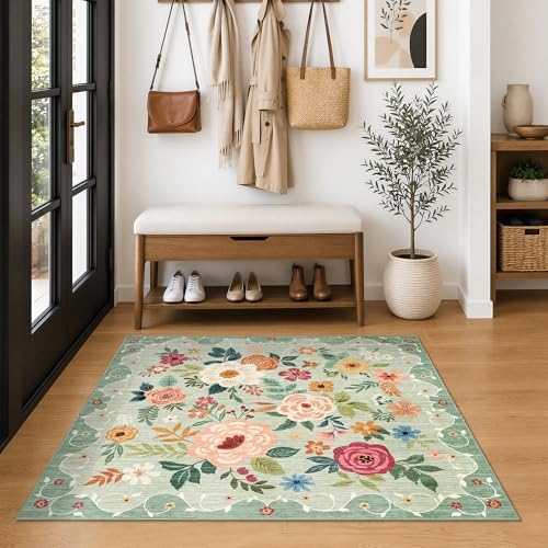 DUKINO 4x4 Square Area Rug, Soft Floral Washable Rug for Entryway, Green - Image 3