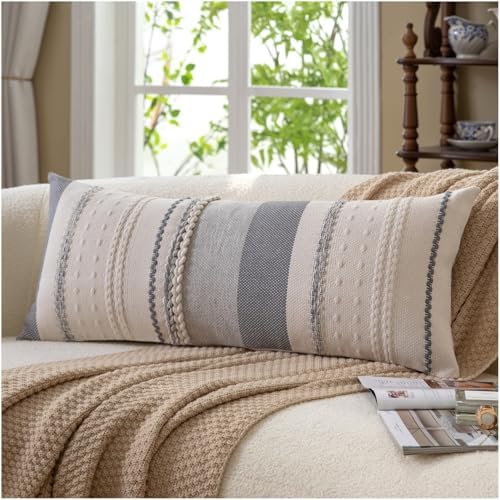 Cethom Boho Lumbar Pillow Covers 14x36 Inch Long, Grey Textured Decorative Couch Pillow Cases for Farmhouse Home Decor, Accent Cushion Cover for Sofa, Bed, Living Room, Bedroom, Pack of 1 by Cethom