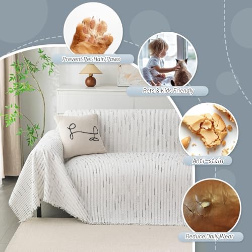 MYSKY HOME Couch Covers for 3 Cushion Couch Sofa, Sectional Couch Cover L Shape Chenille Couch Cushion Covers for Pets, Furniture Protector Cover for Dogs, Kids, 71"X150", White - Image 3
