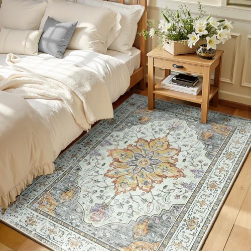 RELEANY Washable Area Rug, 3'x5', Beige/Carbon Grey/Orange by RELEANY