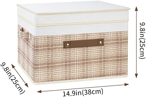 TYEERS Collapsible Storage Bins with Lids, Patchwork Design, Washable, Fabric Storage Boxes, 14.9x9.8x9.8 inches, 3 Pack, Camel Tan - Image 2