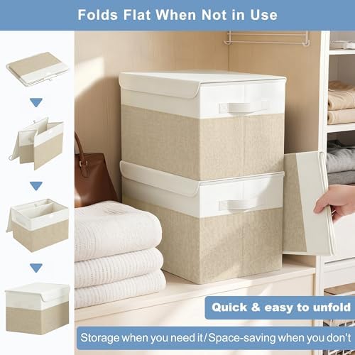Bagnizer Large 17" 42 Quarts Collapsible Stackable Storage Bins with Lids [3-Pack] Foldable Fabric Linen Storage Boxes Cube, Closet Organizer Baskets with Label (16.7 x 12 x 12, Beige & White) - Image 6