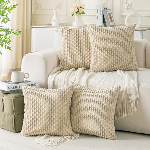 Set of 4 Beige Decorative Throw Pillow Covers 22x22 Inch Corduroy Pillow Covers for Bed Couch Sofa Living Room Soft Square Cushion Cases by Cozoomy