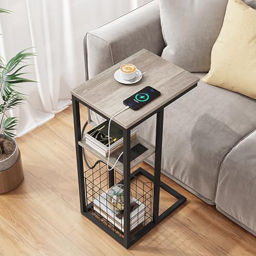 Vagusicc C Shaped End Table with Charging Station, Side Table for Couch, Small Side End Table for Small Spaces, 28" High Slide Under Sofa Table for Coffee, Tv Tray Table for Living Room, Greige - Image 5
