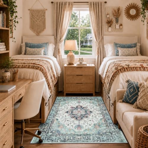 RELEANY Washable Area Rug, 4'x6', Teal Green/White/Navy by RELEANY