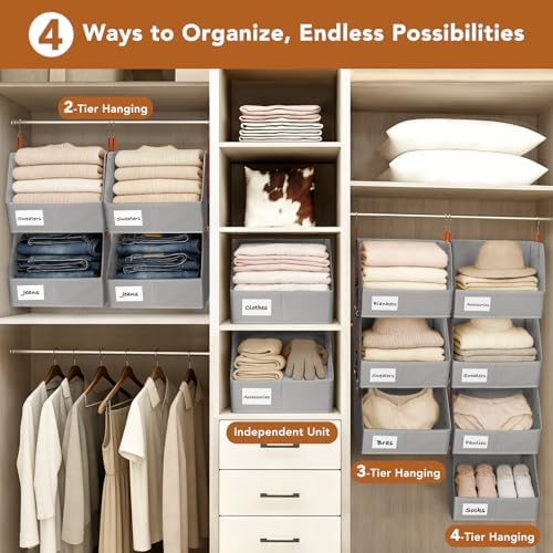 4 Pcs Modular Closet Organizer - Detachable & Foldable Hanging Storage Cubes, 88L Total Capacity, Heavy Duty Fabric Shelves for Wardrobe, Closet Organization, RV, Dorm, Grey - Image 7