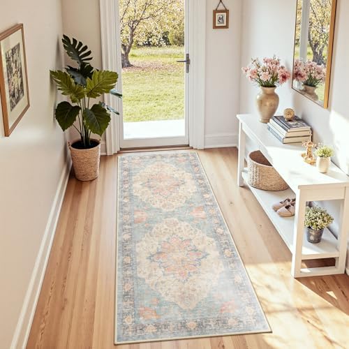 RELEANY Washable Area Rug, Runner 2'x5', Blue/Orange/Red - Image 3