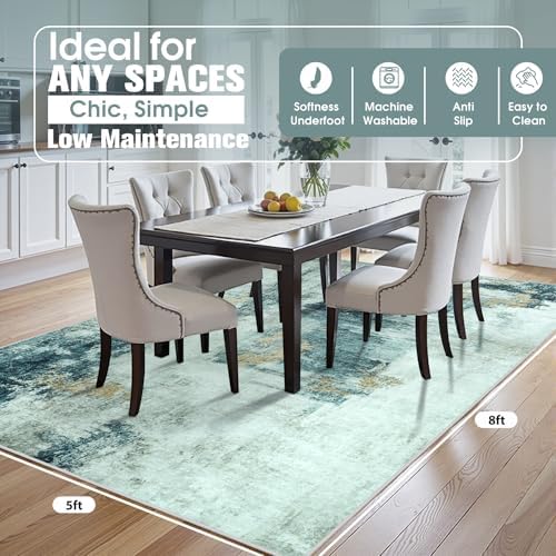 5x8 Area Rugs for Living Room Washable Bedroom Dining Room Teal Grey Gold - Image 2