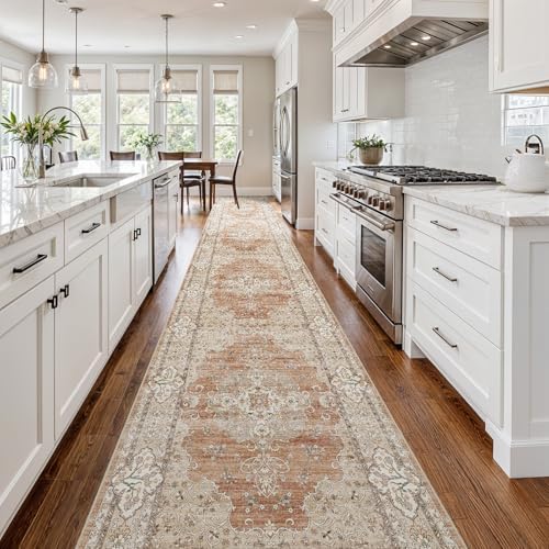3x20 Washable Hallway Runner Rug - Non-Slip Vintage Rugs Terracotta Beige - Image 2
