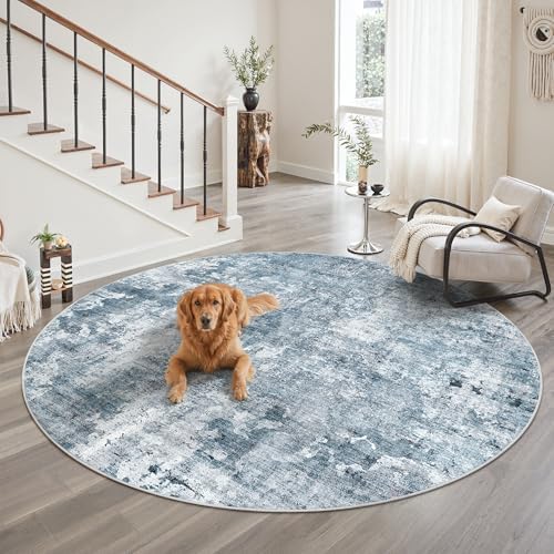 Soalmost Round Rugs 9ft Living Room Circle Area Rug 9x9 Blue/Grey Vintage - Image 2
