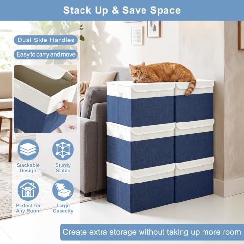 Large 17" 42 Quarts Collapsible Stackable Storage Bins with Lids [3-Pack] Foldable Fabric Linen Storage Boxes Cube, Closet Organizer Baskets with Label for Home (16.7 x 12 x 12", Navy Blue & White) - Image 5