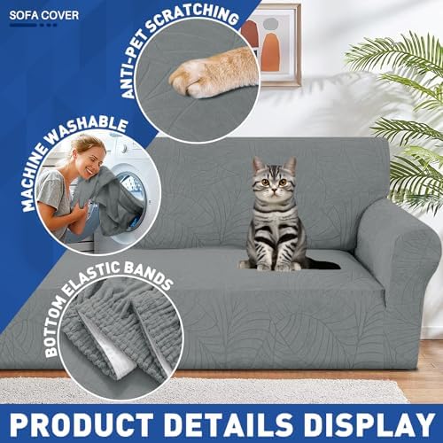 YEMYHOM Couch Cover Latest Jacquard Design High Stretch Sofa Chair Covers for Living Room, Pet Dog Cat Proof Armchair Slipcover Non Slip Elastic Furniture Protector (Small, Begonia Leaf Dark Gray) - Image 4