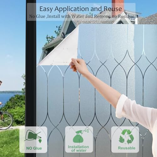 Privacy Window Film Decoration, Heat Control Window Tint for Home, Static Cling Glass Door Coverings Window Sticker Removable Non-Adhesive UV Blocking, Frosted Film w/Clear Morocco Lines, 17.7"x78.7" - Image 4