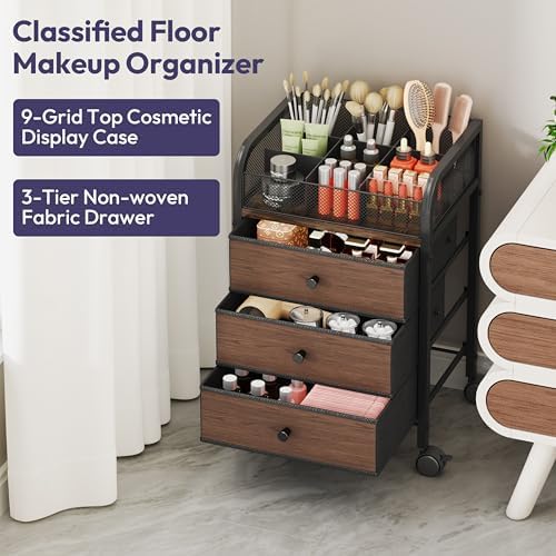 SWTYMIKI Rolling Makeup Organizer Cart - 14.96″*11.81″*23.03″ Widened Under Desk Vanity Storage with 3 Non-woven Drawers, Cosmetic Display Cases for Skin Care Perfume Nail Polish Brush Hair Tool Black - Image 6