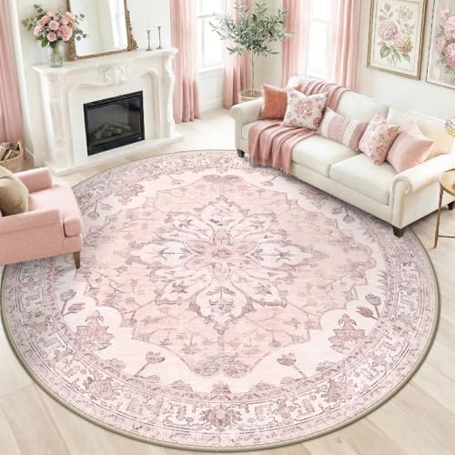 RELEANY Washable Area Rug, Round 8ft, Pink by RELEANY