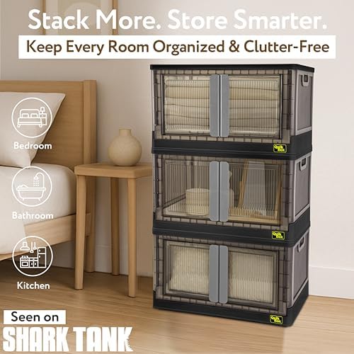 Quik Box - 19 Gallon 3 Pack Stackable Storage Bins with Doors, Collapsible Organizer Foldable Container, for Bedroom Living Room Neat, Tidy Dorms and Organized Homes, Boxes - Image 2