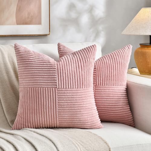Fancy Homi 2 Packs Blush Pink Euro Decorative Throw Pillow Covers 28x28 Inch for Couch Bed Sofa, Farmhouse Boho Home Decor, Soft Corss Corduroy Patchwork Textured Square Cushion Case 71x71 cm by Fancy+Homi