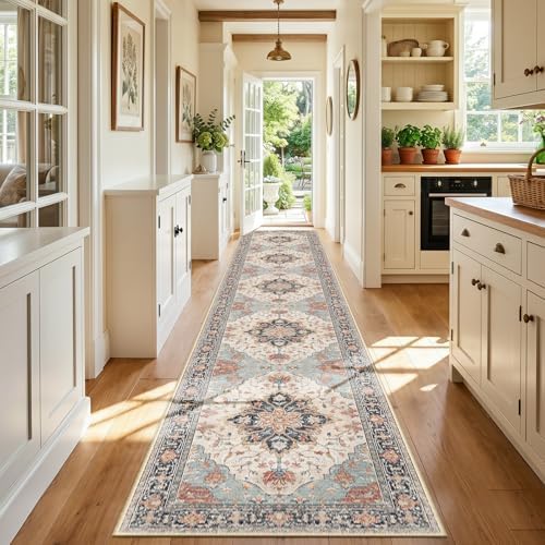 RELEANY Washable Area Rug, Runner 3'x20', Beige/Blue/Orange by RELEANY