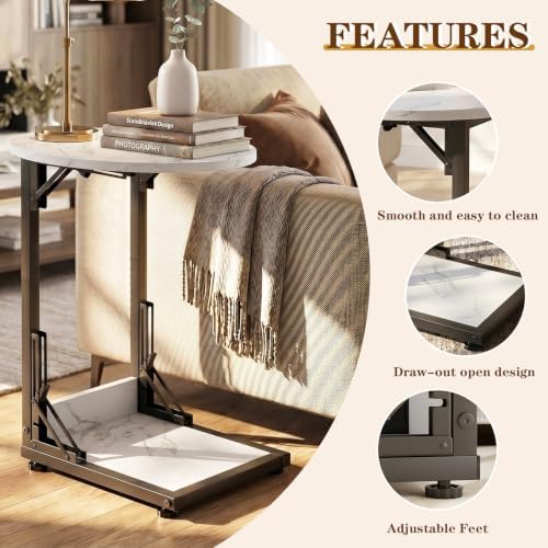 Folding Side Table, C Shaped End Table with Metal Frame, Round Couch Table & Slide Under Sofa TV Tray Table for Living Room, Bedroom, Small Spaces (Marble White) - Image 4