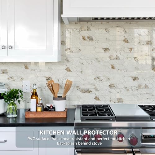 Vamos Tile Glossy Pandora Marble with Gold Veining Backsplash Tile Peel and Stick, 12.8 x 12.8 Inch 1 Sheet Long Hexagon PVC Self Adhesive Mosaic Tiles Stick on Backsplash for Kitchen and Bathroom - Image 2
