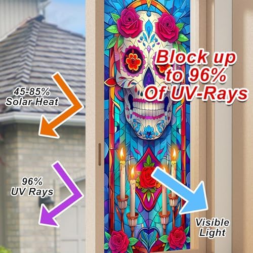 HOMETITUTE Day Dead Skull Flowers Privacy Window Cling 17.7x39.3 PVC - Image 4