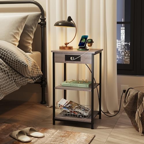 WLIVE Grey End Table with Charging Station, Small Night Stand - Image 6