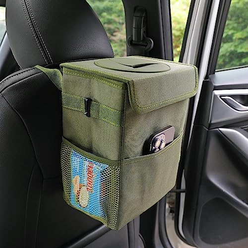 AOKJOY Car Garbage can with lid Leak Proof Vehicle Trash Can 3 Storage Pockets Hanging Waterproof car Trash Bag for SUV Green - Image 6