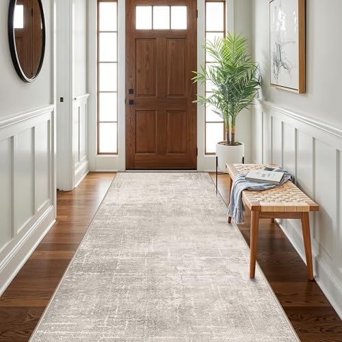 Hallway 4x10 Washable Runner Rug:Stain Resistant Abstract Rug for Kitchen Entryway Farmhouse Soft Carpet for Bathroom Bedroom Thin Laudry Living Room Floor Mat with Non Slip Backing(4x10,Beige/Cream) - Image 4