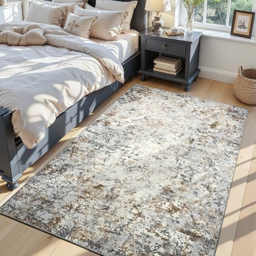 Toneed 4x6 Washable Area Rugs for Bedroom Living Room, Brown Grey Gold by Toneed