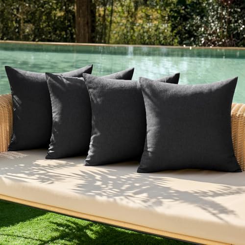 MIULEE Pack of 4 Decorative Outdoor Throw Pillow Covers Linen Waterproof Pillow Covers Summer Farmhouse Cushion Cases for Patio Garden Tent Balcony Couch Sofa 16x16 Inch Black by MIULEE