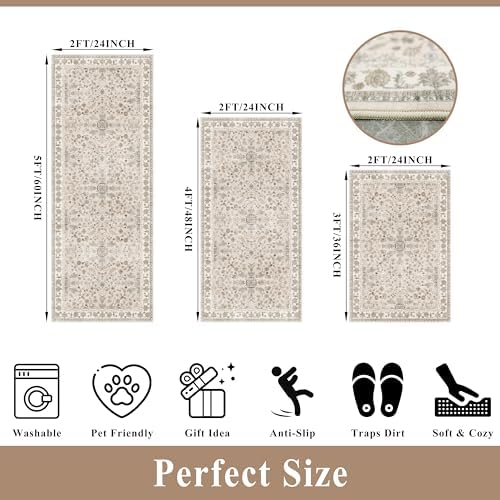 3-Piece Kitchen Rug Set of 3 with Runner – Non-Slip Washable Boho Kitchen Mats for Sink, Floor, Entryway & Hallway & Bathroom – Soft Small Throw Area Rugs, Home Decor (Beige,2x3+2x4+2x5) - Image 2