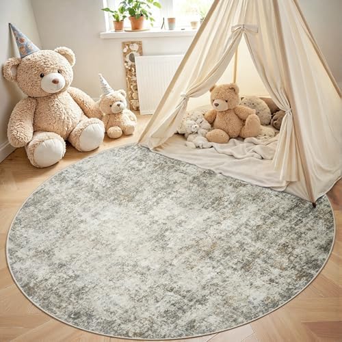 Aelenmu Round Rug 5ft Washable Rug for Dining Room Living Room Beige Brown - Image 4