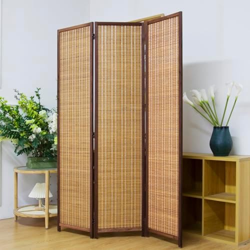 3 Panel Bamboo Room Divider Screen,5.6 FT Tall Bamboo Divider Folding Panel Screen,Freestanding Panel Divider for Room Seperation,Brown by PawlaBay