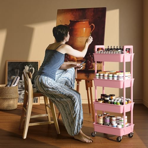 Pipishell 4 Tier Rolling Cart Organizer, Plastic Rolling Cart with Lockable Wheels & Reinforced Handle, Lightweight Utility Storage Cart for Nursery, Kitchen, Craft Room, Pink - Image 7